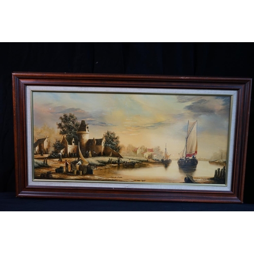 523 - Ken Hammond b.1948. 19th Century Style Ship Scene. Oil on Panel. Framed. 35cm x 76cm