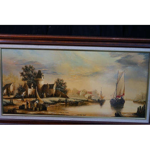 523 - Ken Hammond b.1948. 19th Century Style Ship Scene. Oil on Panel. Framed. 35cm x 76cm