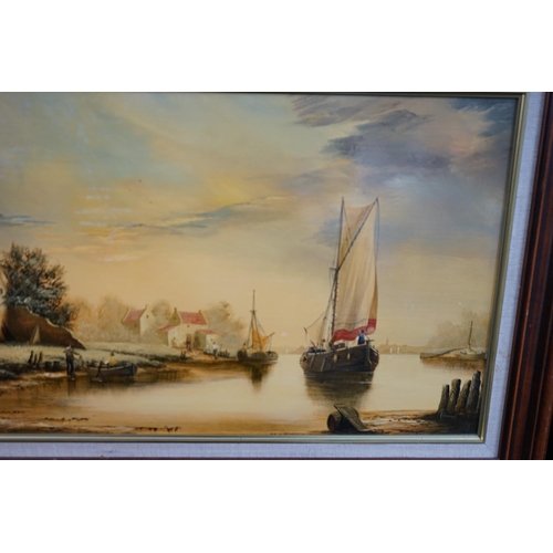 523 - Ken Hammond b.1948. 19th Century Style Ship Scene. Oil on Panel. Framed. 35cm x 76cm