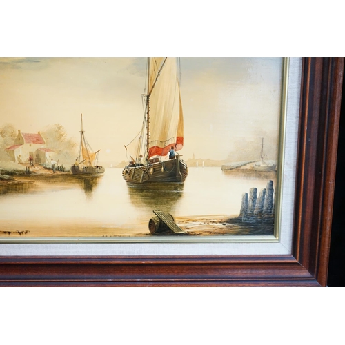 523 - Ken Hammond b.1948. 19th Century Style Ship Scene. Oil on Panel. Framed. 35cm x 76cm