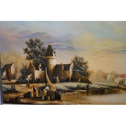 523 - Ken Hammond b.1948. 19th Century Style Ship Scene. Oil on Panel. Framed. 35cm x 76cm