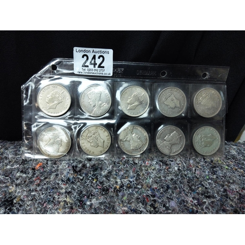 549 - Lot of 10 Southern Rhodesian Half Crown Coins- (1932x2, 1935, 1936, 1937, 1938, 1940x2, 1942, 1944. ... 