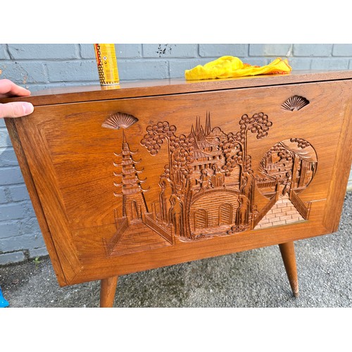 123 - Unusual Chinese Style Mid Century Teak Record Cabinet