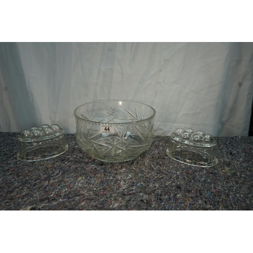 44 - Large Crystal Bowl and 2 Victorian Glass Jelly Moulds