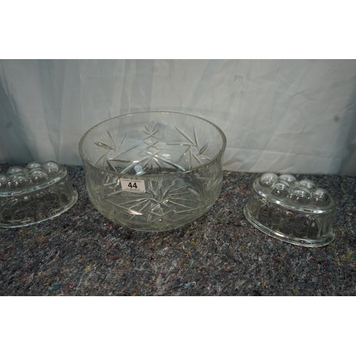 44 - Large Crystal Bowl and 2 Victorian Glass Jelly Moulds