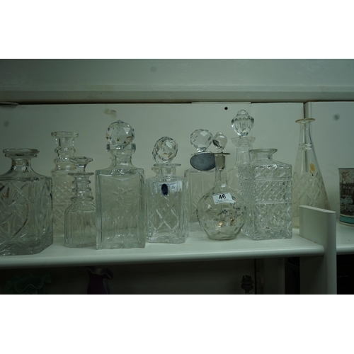 46 - Good Shelf of Cut Glass & Crystal Decanters incl. Royal Doulton (some missing stoppers)
