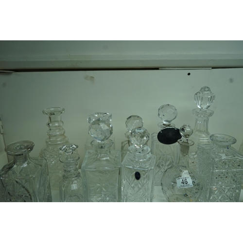 46 - Good Shelf of Cut Glass & Crystal Decanters incl. Royal Doulton (some missing stoppers)