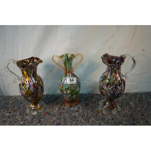 64 - Pair of Murano Milleifiori Pitchers and One Vase