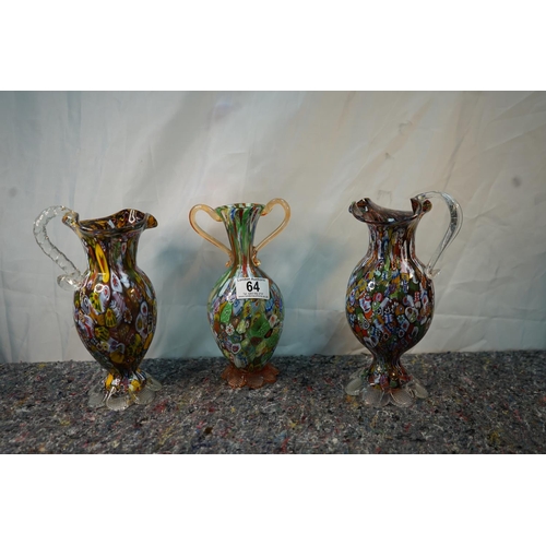 64 - Pair of Murano Milleifiori Pitchers and One Vase