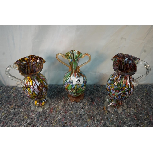 64 - Pair of Murano Milleifiori Pitchers and One Vase