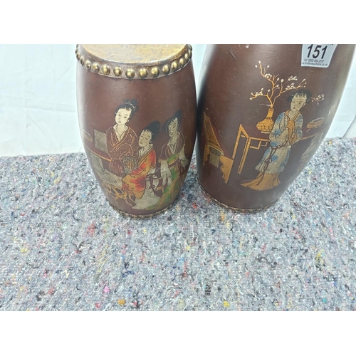 151 - Pair of Japanese Double Ended Hand Painted Drums