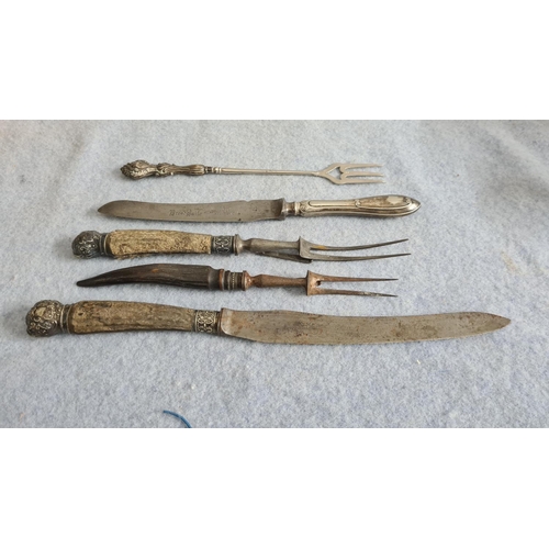 17 - Henry Hobson & Son Antler Handled with Sivler Collar Carving Set plus a Walker and Hall Bread Knife ... 