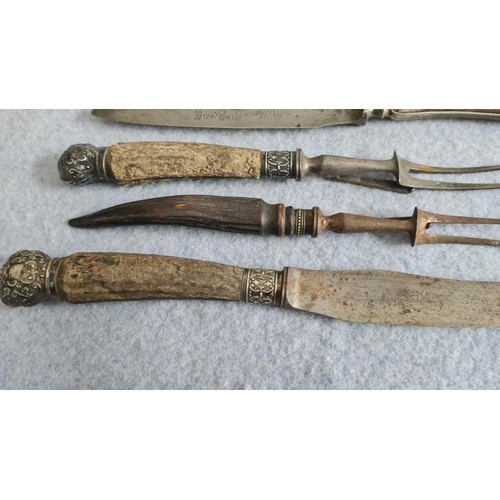 17 - Henry Hobson & Son Antler Handled with Sivler Collar Carving Set plus a Walker and Hall Bread Knife ... 