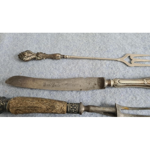 17 - Henry Hobson & Son Antler Handled with Sivler Collar Carving Set plus a Walker and Hall Bread Knife ... 