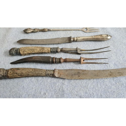 17 - Henry Hobson & Son Antler Handled with Sivler Collar Carving Set plus a Walker and Hall Bread Knife ... 