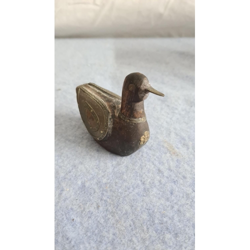 21 - Vintage Carved Wooden Duck with White Metal & Copper Decoration