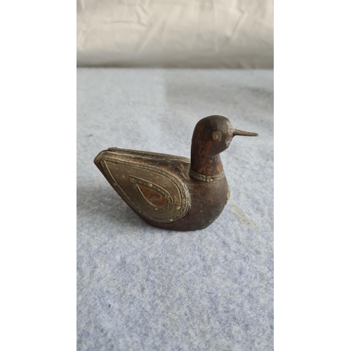 21 - Vintage Carved Wooden Duck with White Metal & Copper Decoration