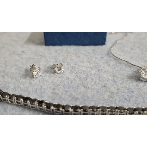 23 - Hallmarked Silver Chain with Pendant, Pair of Silver Earrings plus a Costume Tennis Bracelet & Earri... 