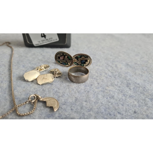 4 - Hallmarked Silver Jewellery lot-To Include 2 Pairs of Gents Cufflinks, a Chain and a Ring