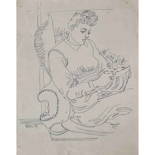 487 - Peter Samuelson (1912-1996) Study of a Young Woman Reading. Pen and ink on paper. 1947. Unframed. 24... 