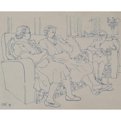 489 - Peter Samuelson (1912-1996) Study of 3 Seated Elderly Ladies Chatting. Pen and ink on paper. 1949. U... 