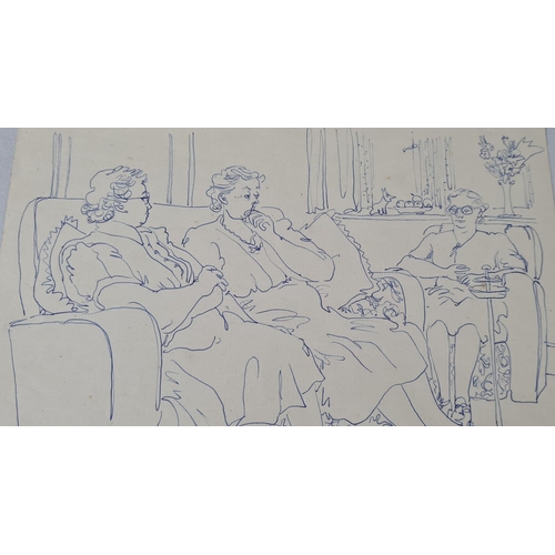 489 - Peter Samuelson (1912-1996) Study of 3 Seated Elderly Ladies Chatting. Pen and ink on paper. 1949. U... 