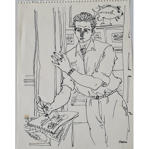 491 - Peter Samuelson (1912-1996) Self Portrait. Pen and ink on paper. 1950. Unframed. 20cm x 26cm