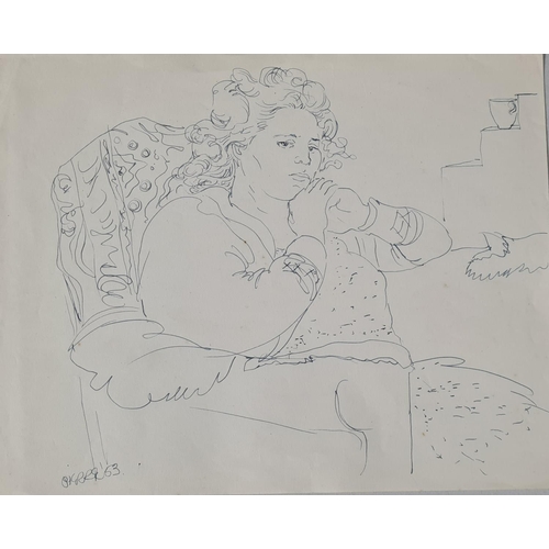 493 - Peter Samuelson (1912-1996) Study of a Lady Looking Worried. Pen and ink on paper. 1953. Unframed. 2... 