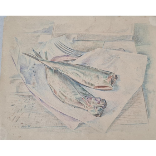 496 - Peter Samuelson (1912-1996) Two Fish, One Fork. Pencil on paper. 1949. Unframed. 30x24.5cm