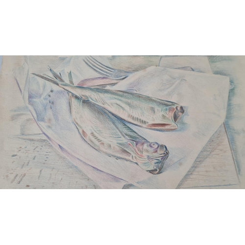 496 - Peter Samuelson (1912-1996) Two Fish, One Fork. Pencil on paper. 1949. Unframed. 30x24.5cm