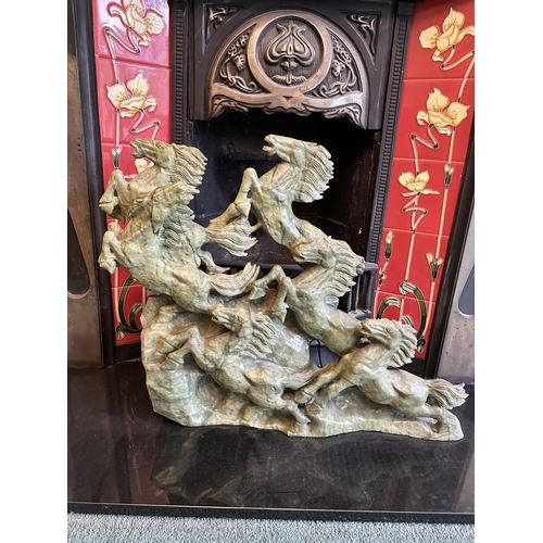 243 - A Fine Vintage Chinese Carved Jade Sculpture Depicting Galloping Horses. 60cm x 50cm