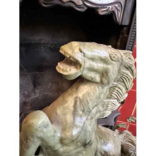 243 - A Fine Vintage Chinese Carved Jade Sculpture Depicting Galloping Horses. 60cm x 50cm