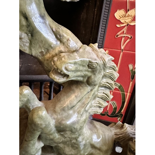 243 - A Fine Vintage Chinese Carved Jade Sculpture Depicting Galloping Horses. 60cm x 50cm