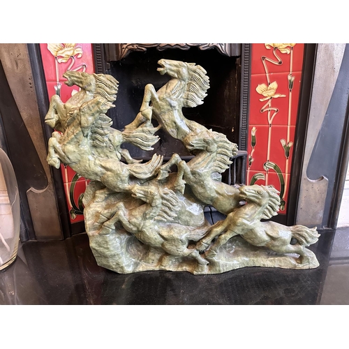 243 - A Fine Vintage Chinese Carved Jade Sculpture Depicting Galloping Horses. 60cm x 50cm