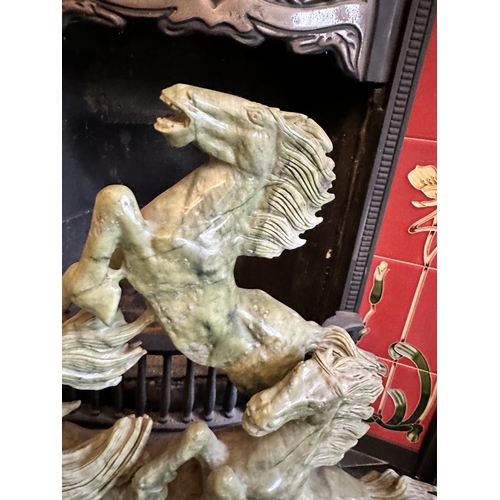 243 - A Fine Vintage Chinese Carved Jade Sculpture Depicting Galloping Horses. 60cm x 50cm