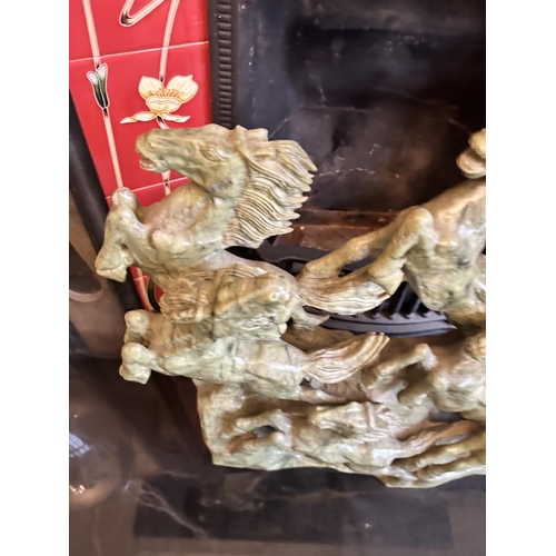 243 - A Fine Vintage Chinese Carved Jade Sculpture Depicting Galloping Horses. 60cm x 50cm