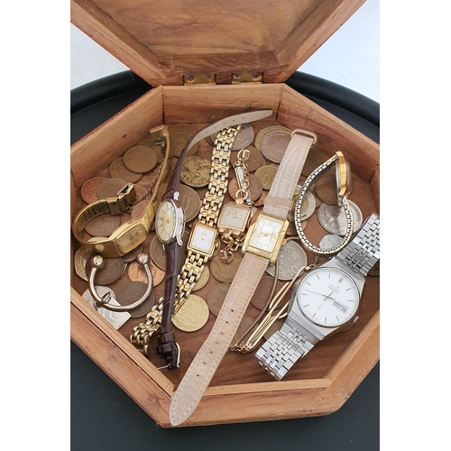 7 - Old wooden box containing various jewellery items / watches and coins from house clearance - unsorte... 