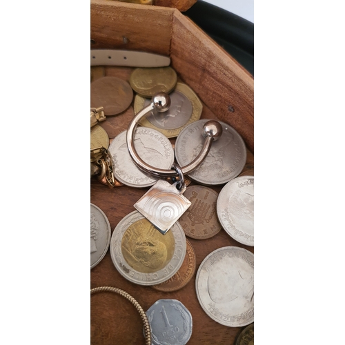 7 - Old wooden box containing various jewellery items / watches and coins from house clearance - unsorte... 