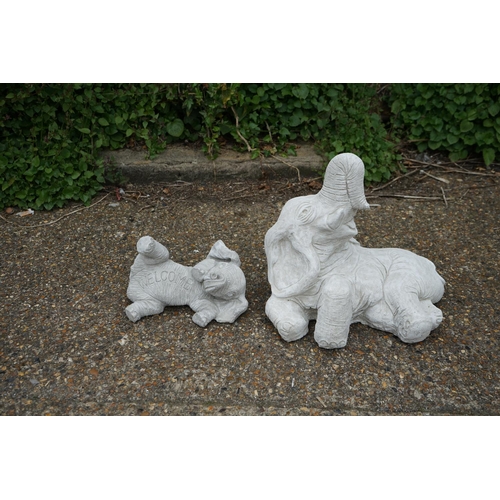 718 - Cast Concrete Garden Statuary Mother & Child Elephants 33cm and 15cm