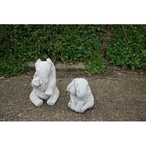 719 - Cast Concrete Garden Statuary 33cm & 14cm Mother and Child Elephants