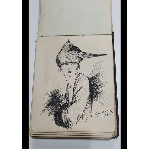 95 - Vintage Autograph book containing a selection of interesting antique pen & Ink sketches /drawings by... 