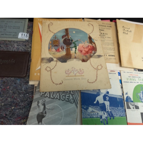 115 - Lot of Assorted Ephemera 1940s/50s incl. Programmes, Cunard Line, Football etc Including Crystal Pal... 