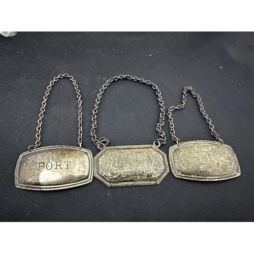 1 - Group of 3 Hallmarked Silver Decanter Tags-Port, Gin & Sherry (42.6g)