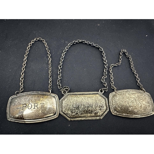 1 - Group of 3 Hallmarked Silver Decanter Tags-Port, Gin & Sherry (42.6g)