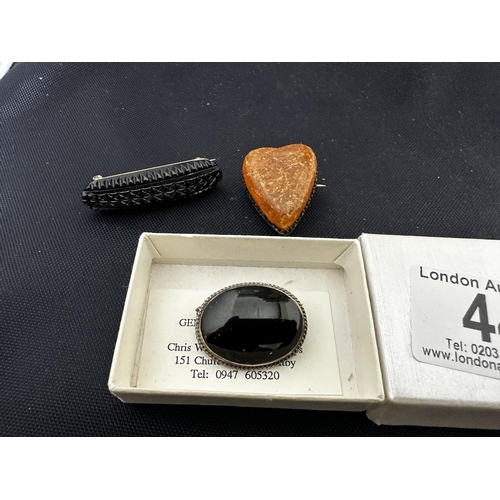 44 - Amber Love Heart/Silver Brooch, Jet Bar Brooch and another Whitby Jet Brooch