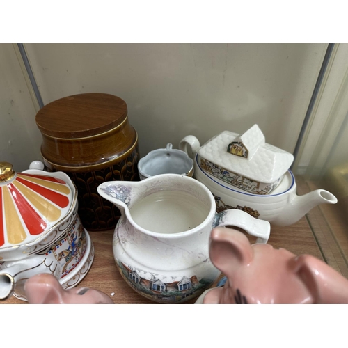 478 - Shelf of Assorted Collectables incl. Wade Pigs  Hornsea Cannister  Novelty Teapot etc