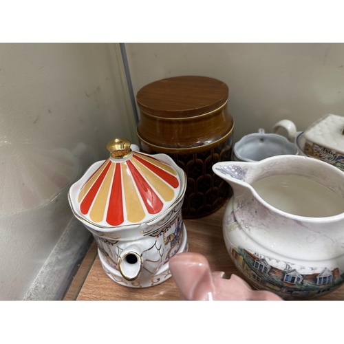 478 - Shelf of Assorted Collectables incl. Wade Pigs  Hornsea Cannister  Novelty Teapot etc