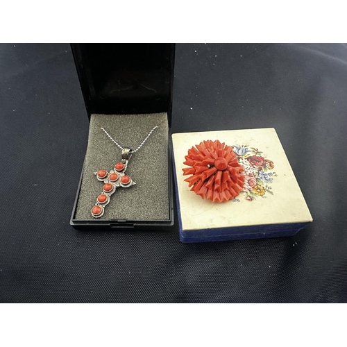 48 - Vintage Red Coral Brooch and a Silver and Coral Crucifix