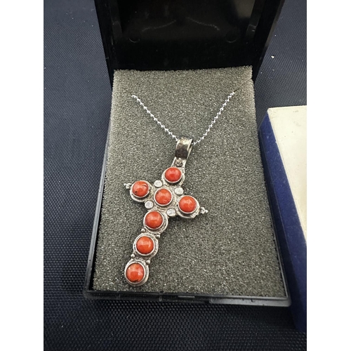 48 - Vintage Red Coral Brooch and a Silver and Coral Crucifix