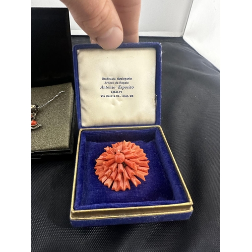 48 - Vintage Red Coral Brooch and a Silver and Coral Crucifix